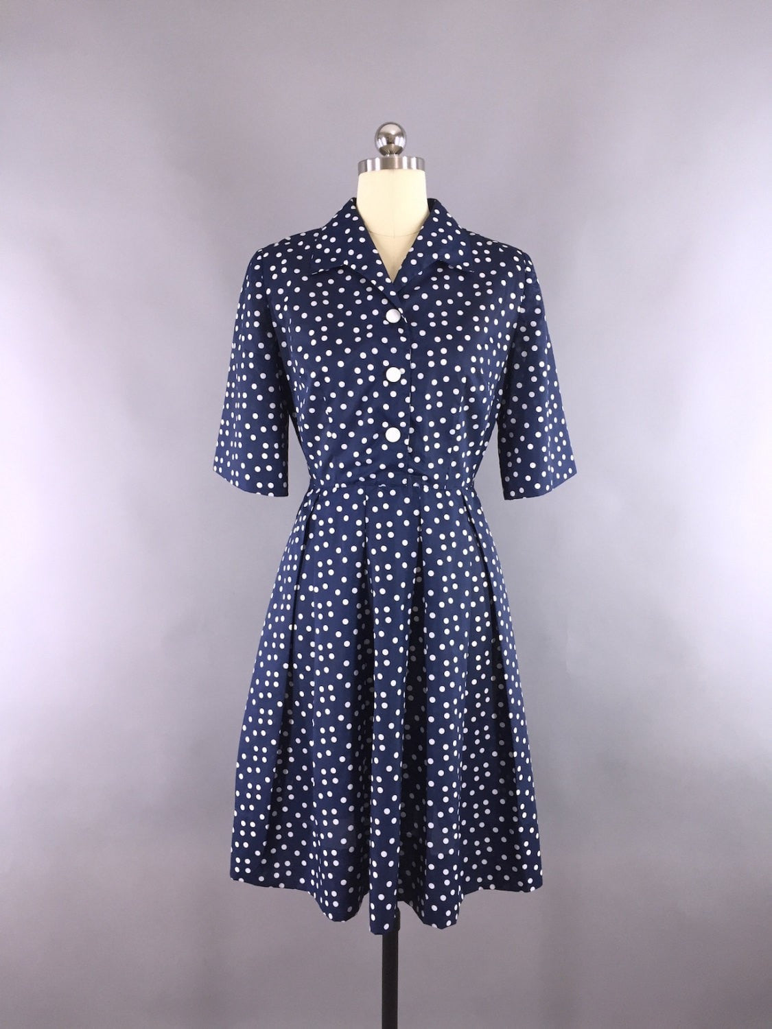 1950s Vintage Navy Blue Polka Dots Day Dress - ThisBlueBird