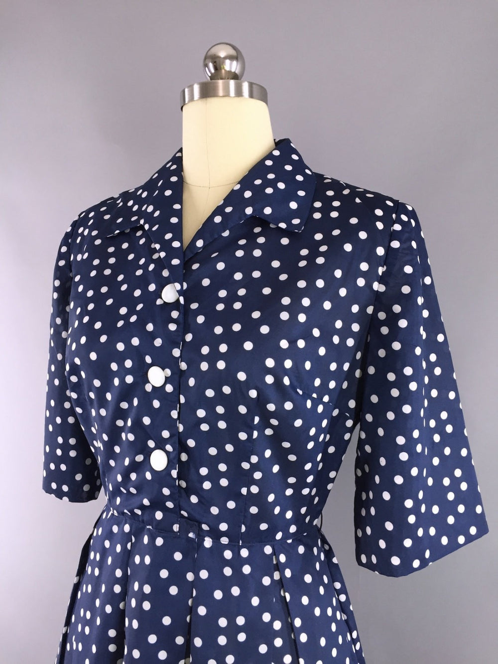1950s Vintage Navy Blue Polka Dots Day Dress - ThisBlueBird