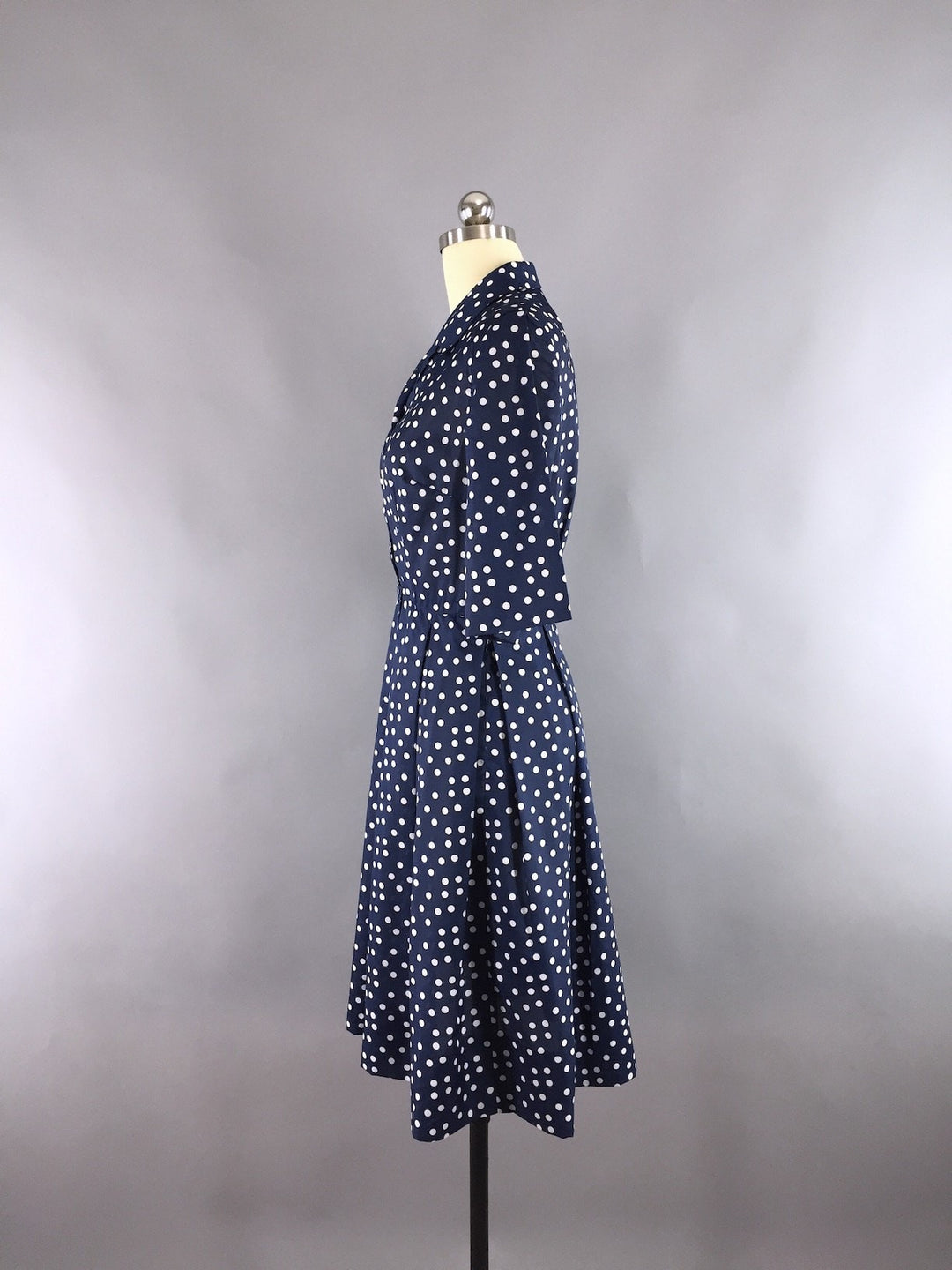 1950s Vintage Navy Blue Polka Dots Day Dress - ThisBlueBird