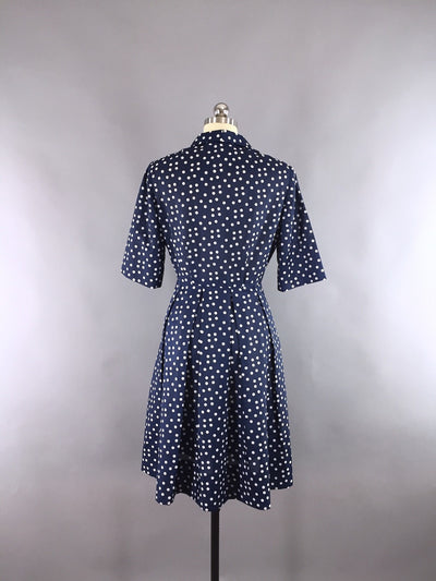 1950s Vintage Navy Blue Polka Dots Day Dress - ThisBlueBird