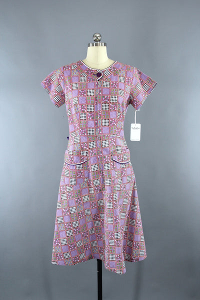 1950s Vintage Novelty Print Checkered Cotton Dress - ThisBlueBird