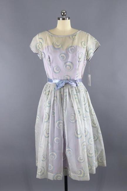 1950s Vintage Party Dress / Ice Blue & Lavender Chiffon - ThisBlueBird