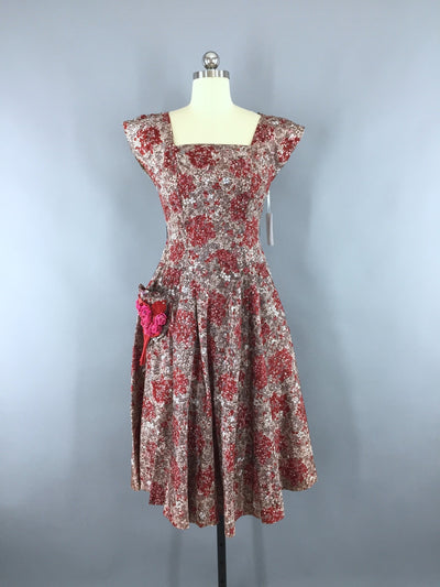 1950s Vintage Red and Taupe Floral Print Day Dress - ThisBlueBird
