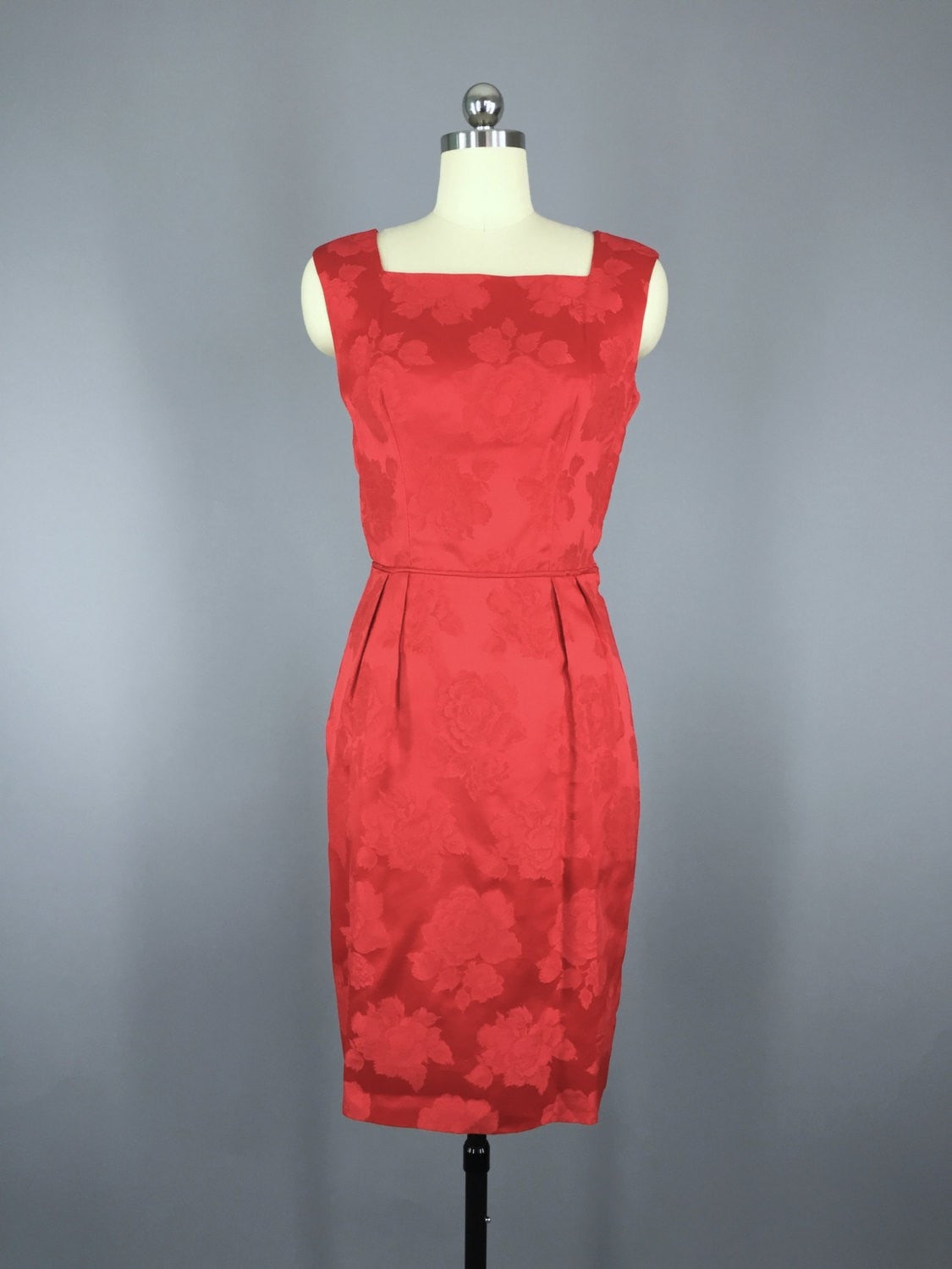 1950s Vintage Red Satin Damask Cocktail Dress - ThisBlueBird