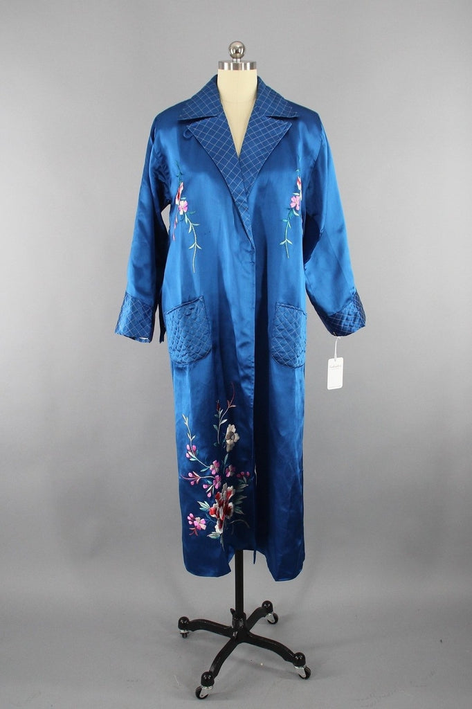 1950s Vintage Royal Blue Satin Embroidered Robe - ThisBlueBird