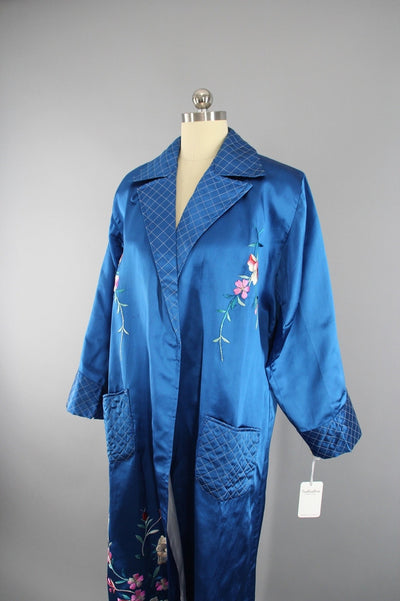 1950s Vintage Royal Blue Satin Embroidered Robe - ThisBlueBird
