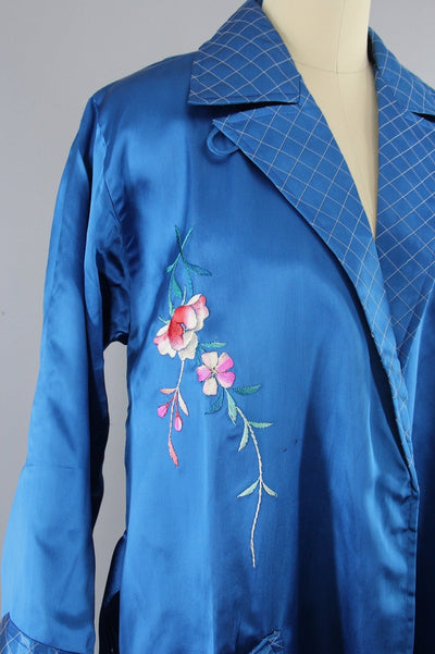 1950s Vintage Royal Blue Satin Embroidered Robe - ThisBlueBird