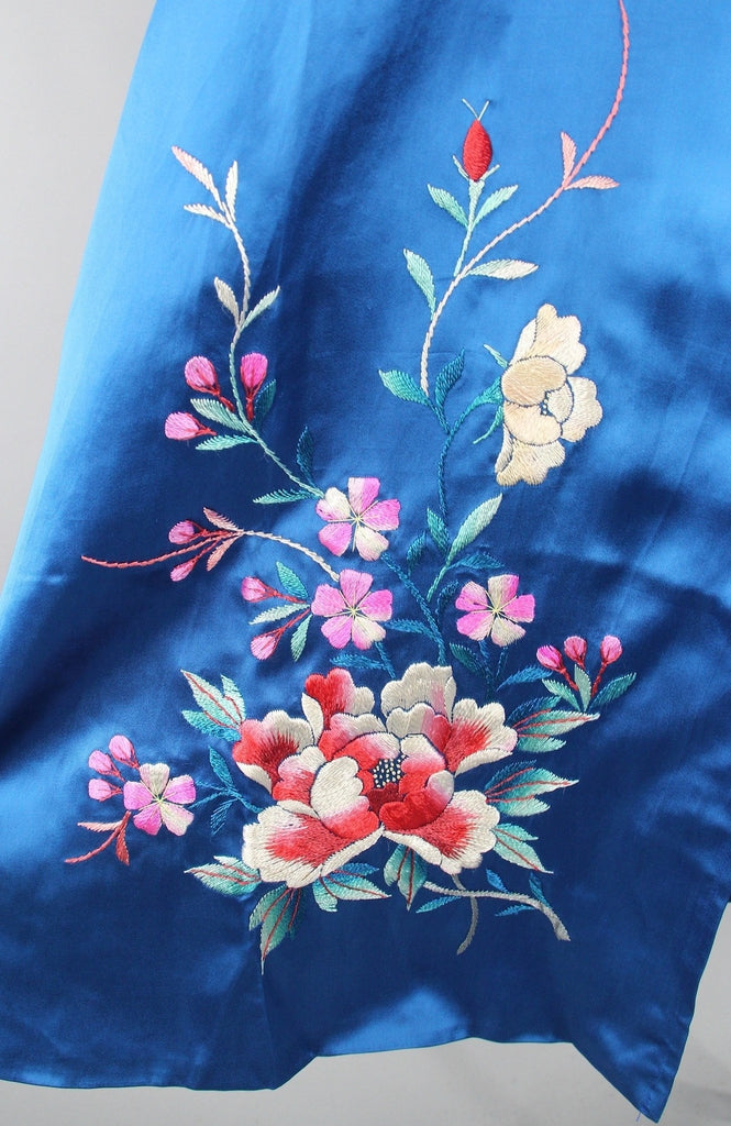 1950s Vintage Royal Blue Satin Embroidered Robe - ThisBlueBird