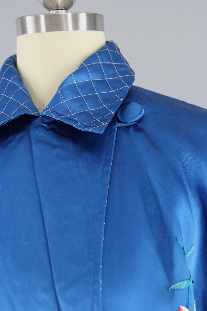 1950s Vintage Royal Blue Satin Embroidered Robe - ThisBlueBird
