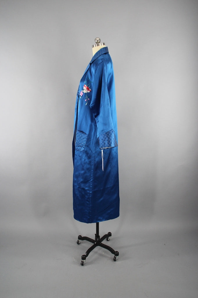 1950s Vintage Royal Blue Satin Embroidered Robe - ThisBlueBird