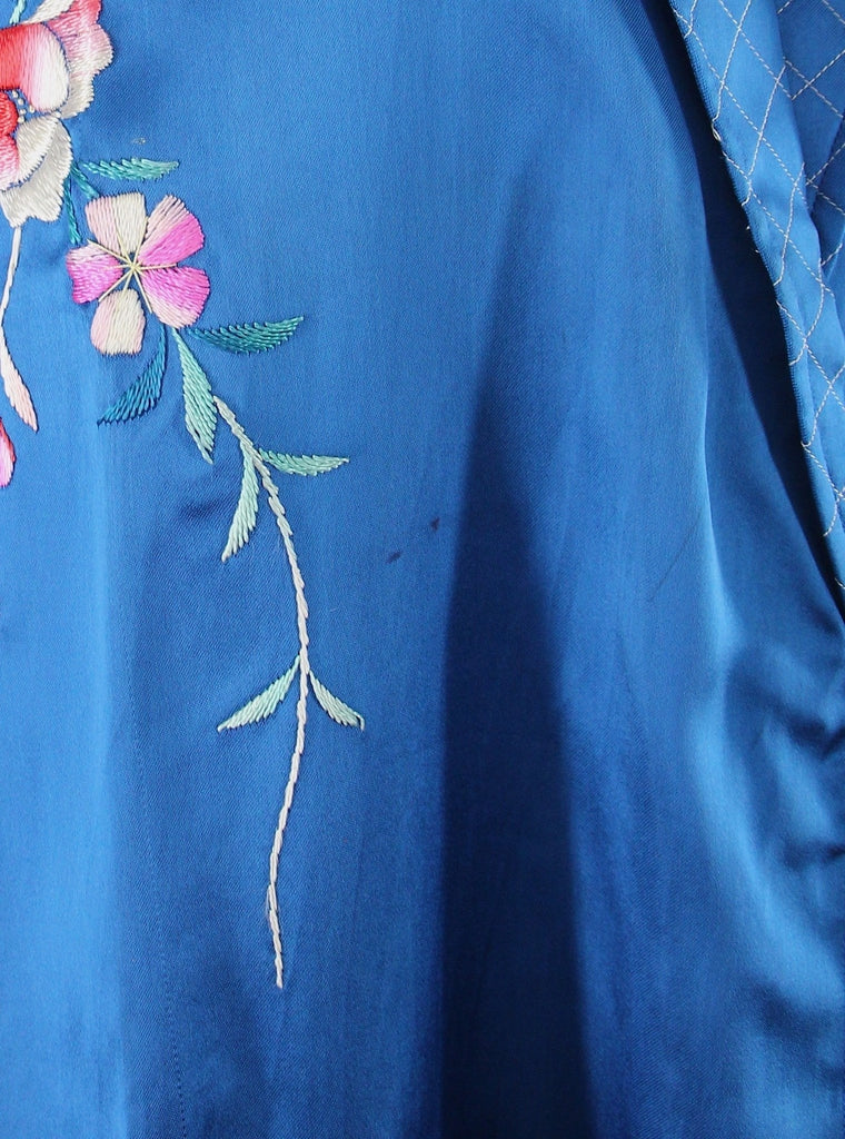 1950s Vintage Royal Blue Satin Embroidered Robe - ThisBlueBird