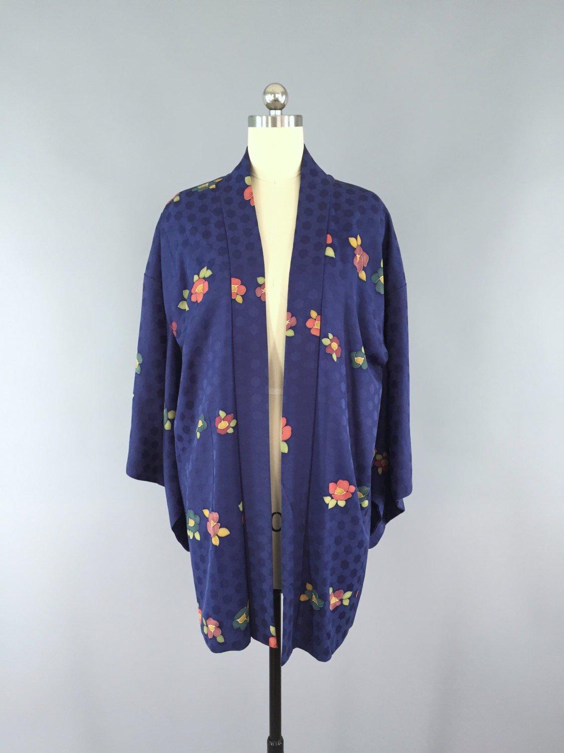 1950s Vintage Silk Haori Kimono Cardigan / Blue Floral Print - ThisBlueBird