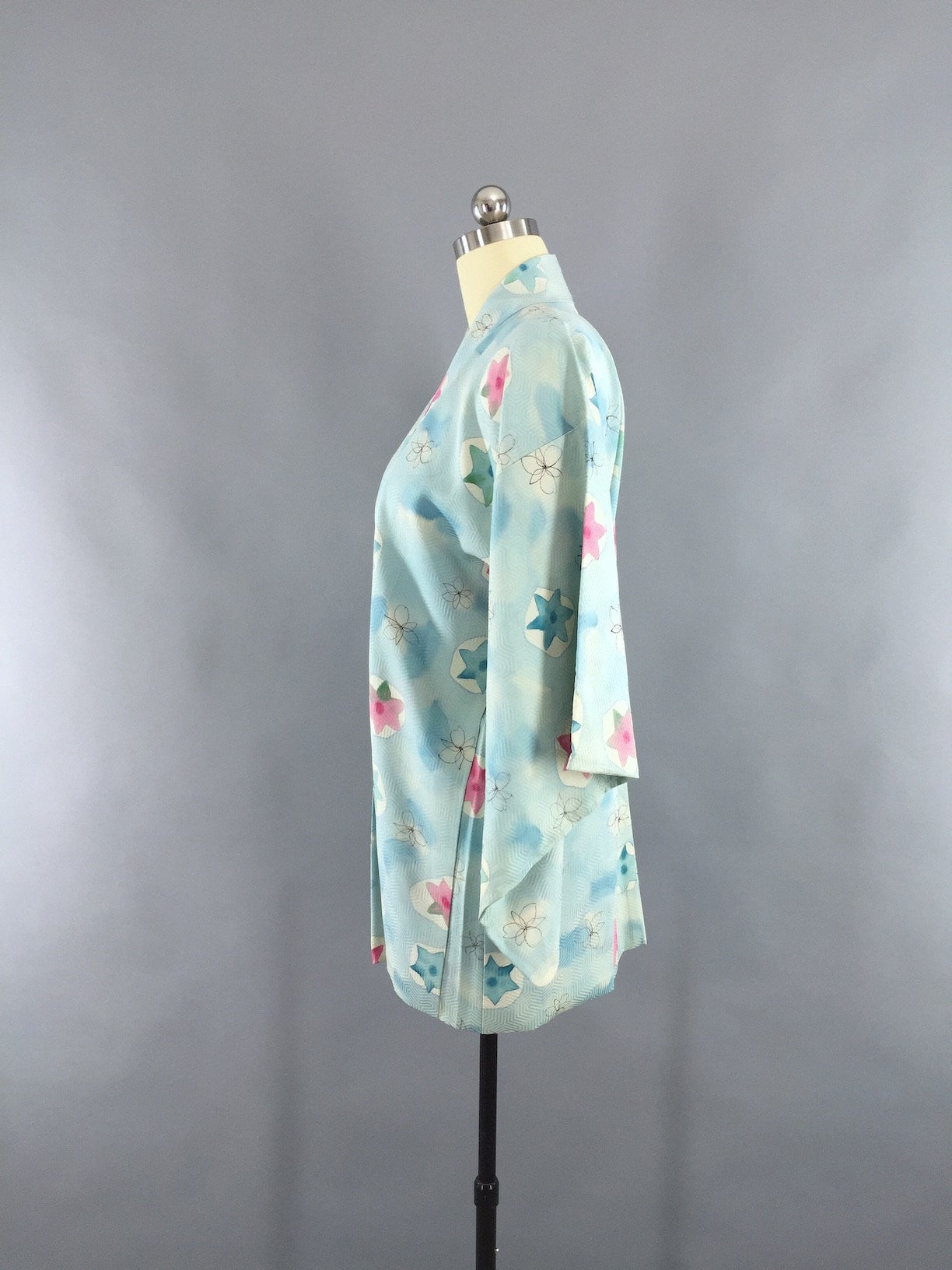 1950s Vintage Silk Haori Kimono Cardigan Jacket with Aqua Blue and Pink Stars - ThisBlueBird