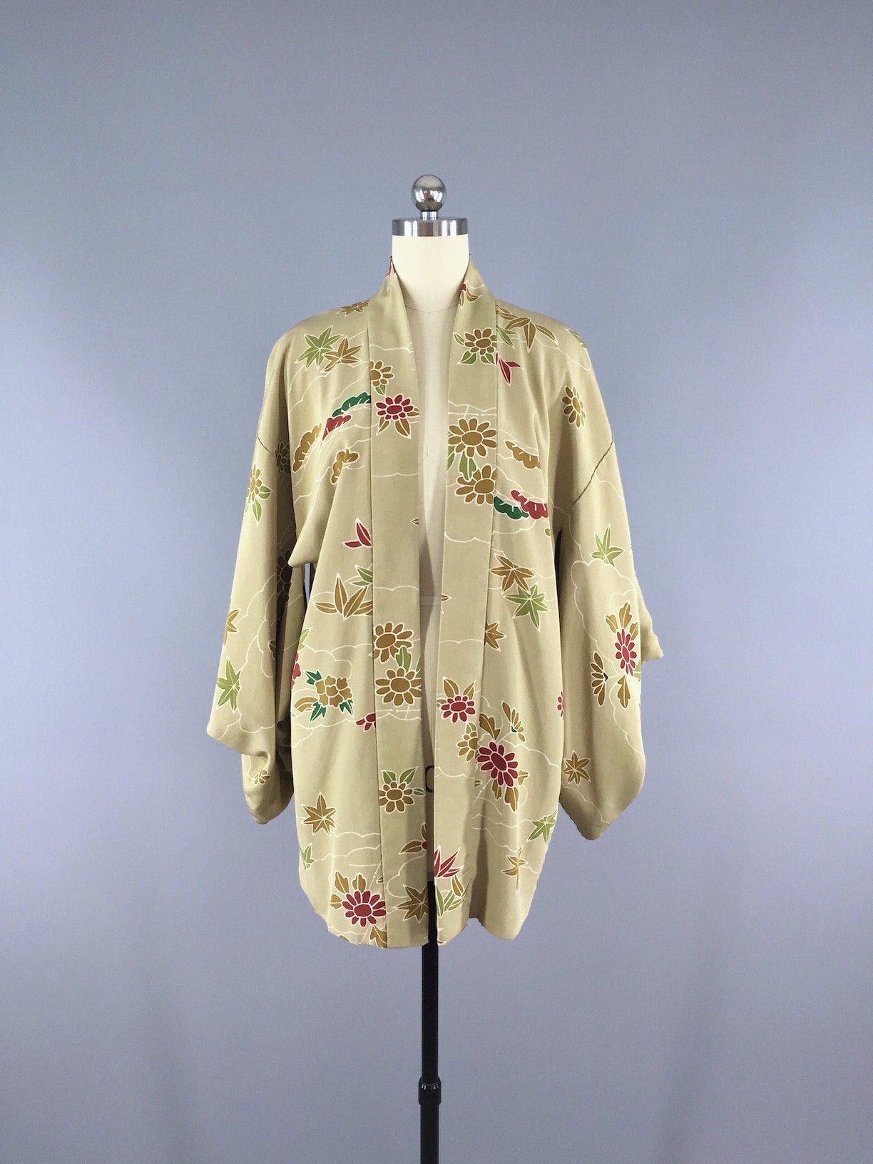 1950s Vintage Silk Haori Kimono Cardigan / Sage Green Floral - ThisBlueBird