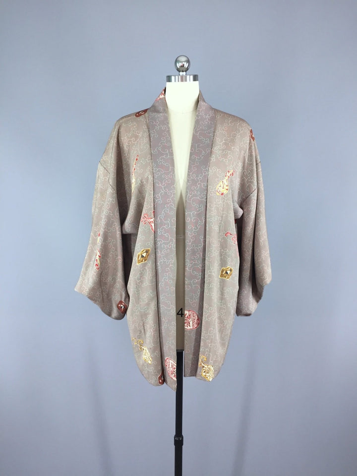 1950s Vintage Silk Haori Kimono Cardigan / Taupe Floral - ThisBlueBird