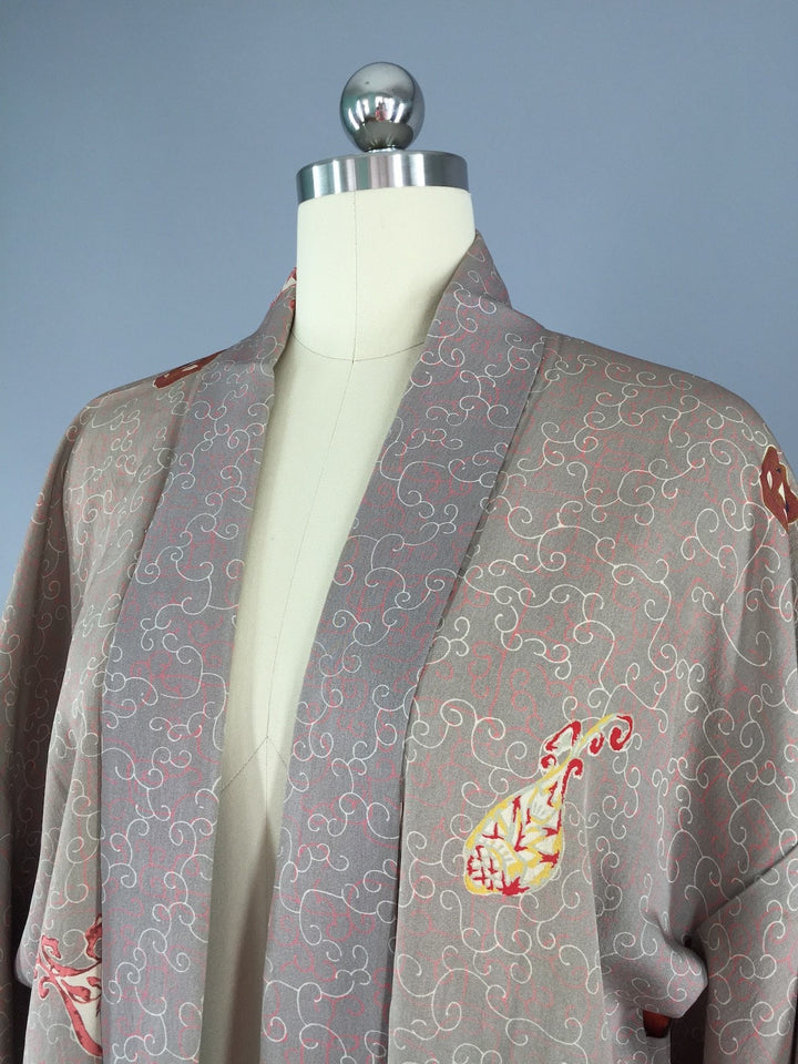 1950s Vintage Silk Haori Kimono Cardigan / Taupe Floral - ThisBlueBird