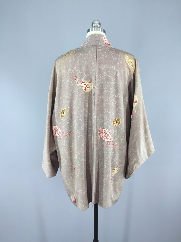1950s Vintage Silk Haori Kimono Cardigan / Taupe Floral - ThisBlueBird