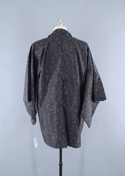 1950s Vintage Silk Haori Kimono Jacket Cardigan / Black Ikat Floral - ThisBlueBird