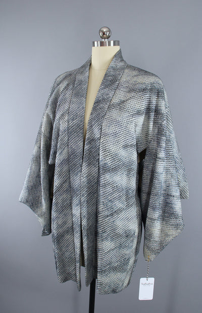 1950s Vintage Silk Haori Kimono Jacket Cardigan / Blue & White Shibori Dyed Ombre - ThisBlueBird