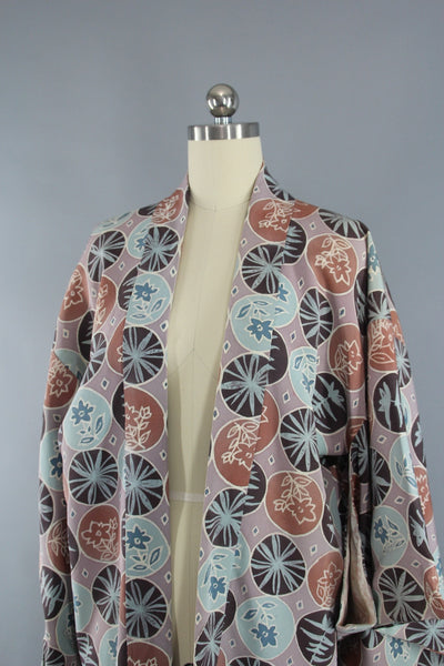 1950s Vintage Silk Haori Kimono Jacket Cardigan in Blue and Taupe Floral Print - ThisBlueBird