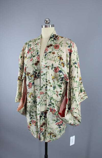 1950s Vintage Silk Haori Kimono Jacket Cardigan / Ivory Floral Print - ThisBlueBird
