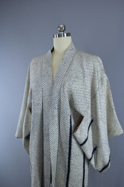1950s Vintage Silk Haori Kimono Jacket Cardigan / White & Blue Shibori Dyed - ThisBlueBird
