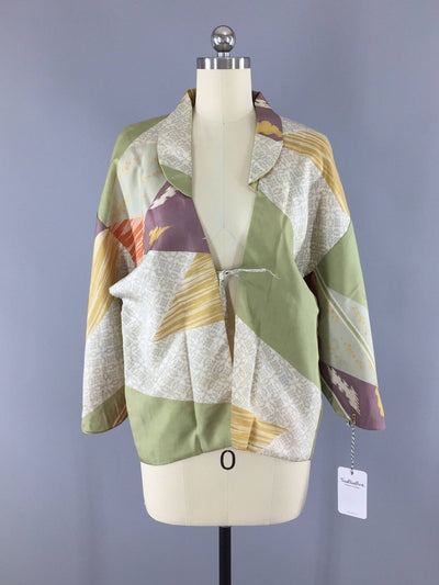 1950s Vintage Silk Haori Kimono Jacket Coat / Sage Green Print - ThisBlueBird