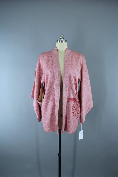1950s Vintage Silk Haori Kimono Jacket Pink Mauve Floral Shibori - ThisBlueBird