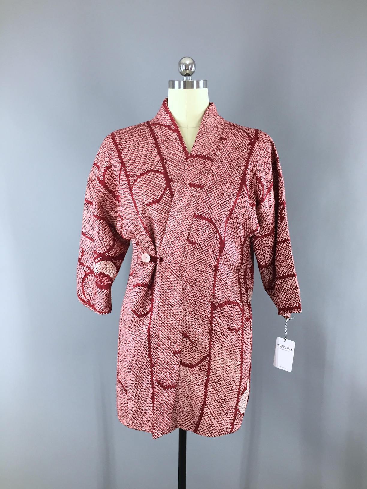 1950s Vintage Silk Haori Kimono Samue Jacket Wrap Coat / Dark Red & White Shibori Dyed - ThisBlueBird
