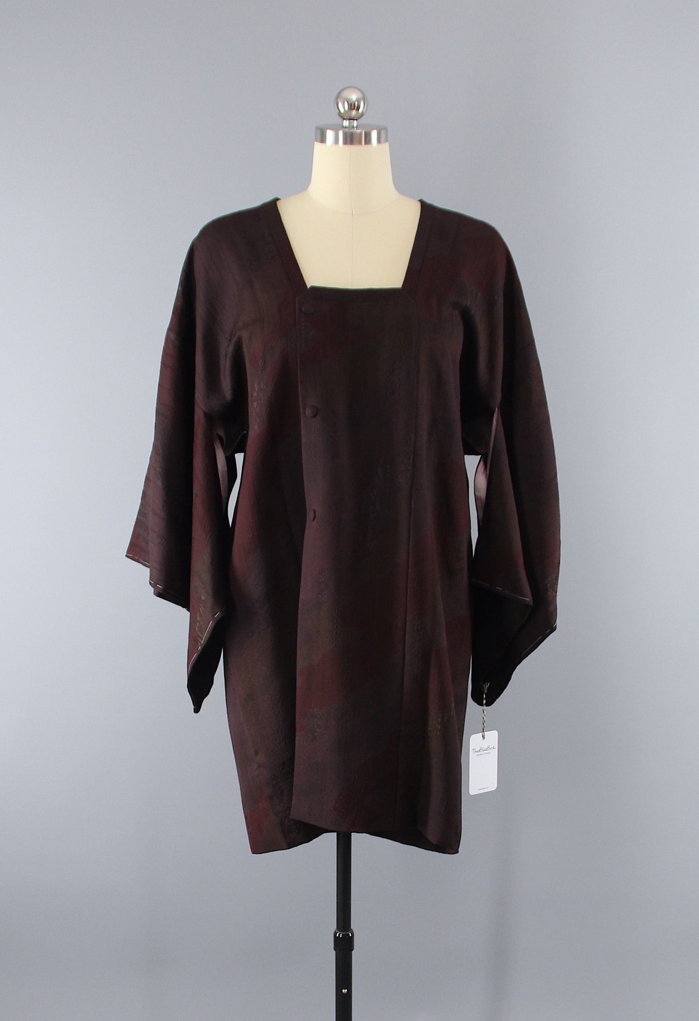 1950s Vintage Silk Kimono Jacket Coat / Brown Textured Silk Crepe - ThisBlueBird