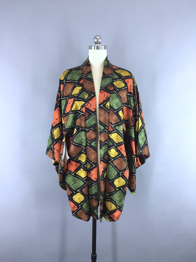 1950s Vintage Silk Kimono Jacket / Silk Haori Kimono Cardigan / Brown & Green Diamonds - ThisBlueBird