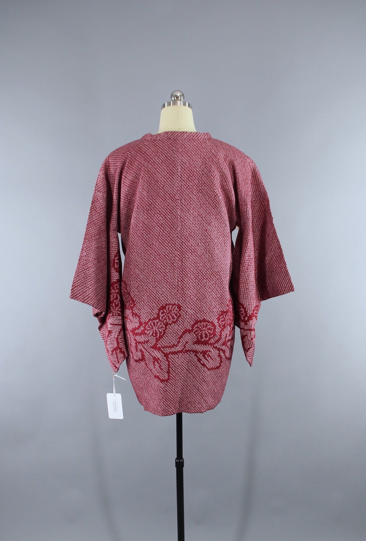 1950s Vintage Silk Kimono Michiyuki Kimono Coat in Cranberry Red Shibori - ThisBlueBird