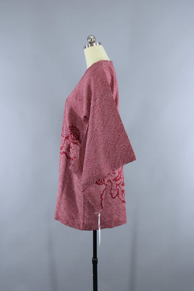 1950s Vintage Silk Kimono Michiyuki Kimono Coat in Cranberry Red Shibori - ThisBlueBird
