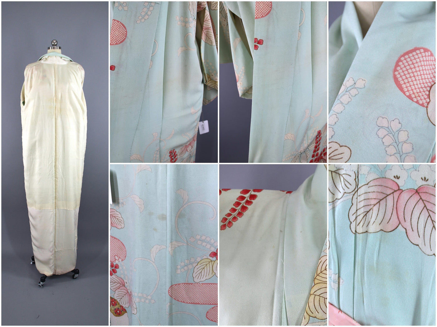1950s Vintage Silk Kimono Robe / Aqua Blue Pink Floral - ThisBlueBird