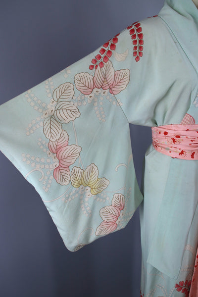 1950s Vintage Silk Kimono Robe / Aqua Blue Pink Floral - ThisBlueBird