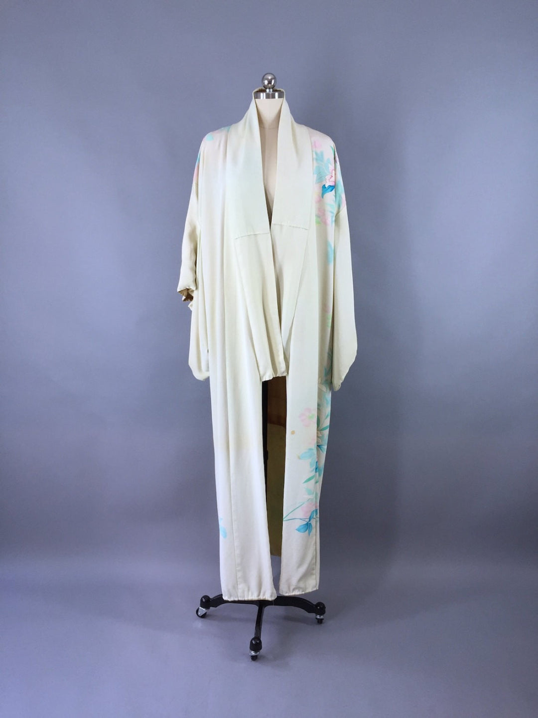 1950s Vintage Silk Kimono Robe / Aqua Floral - ThisBlueBird