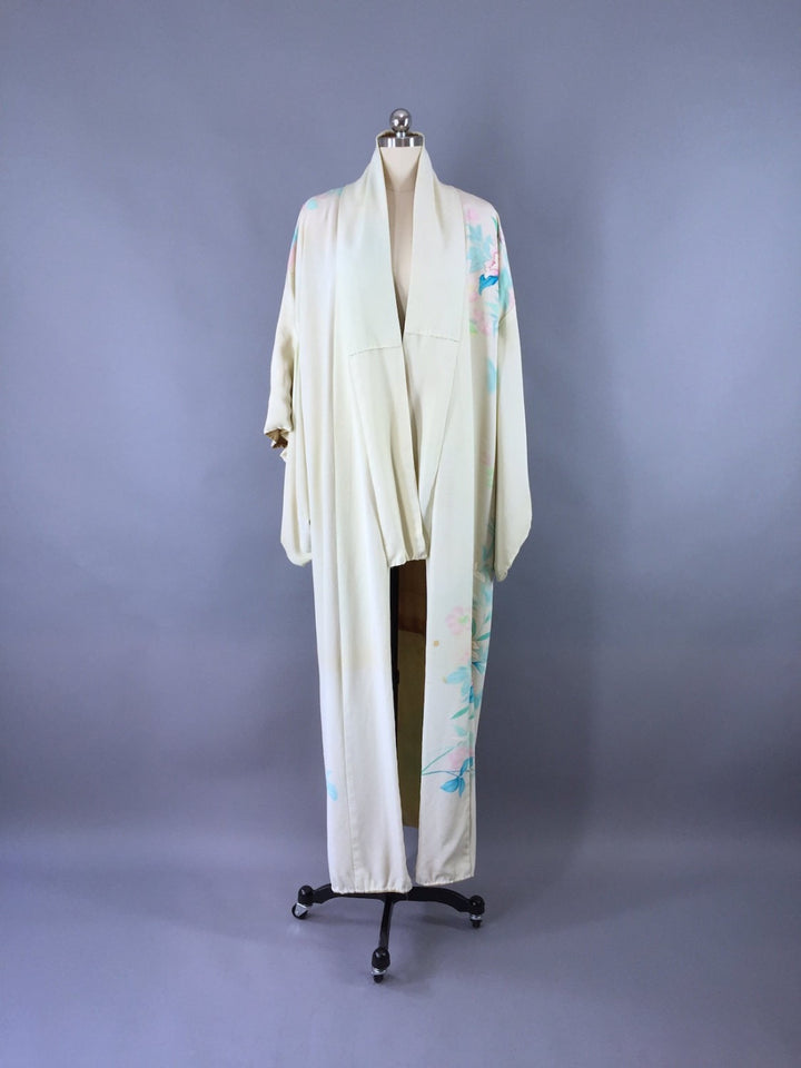 1950s Vintage Silk Kimono Robe / Aqua Floral - ThisBlueBird