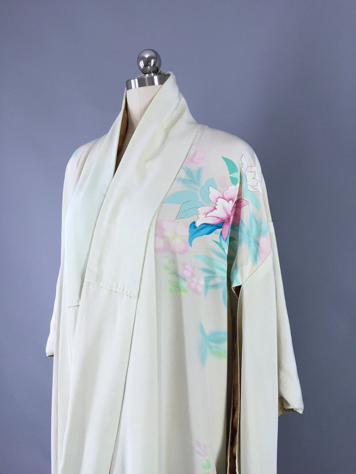 1950s Vintage Silk Kimono Robe / Aqua Floral - ThisBlueBird
