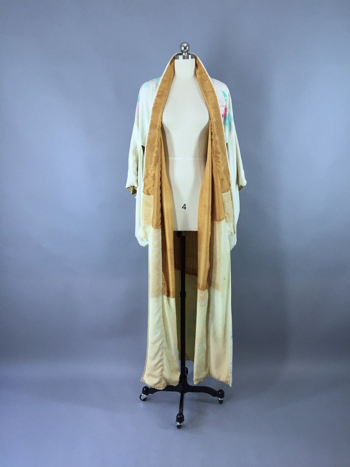 1950s Vintage Silk Kimono Robe / Aqua Floral - ThisBlueBird
