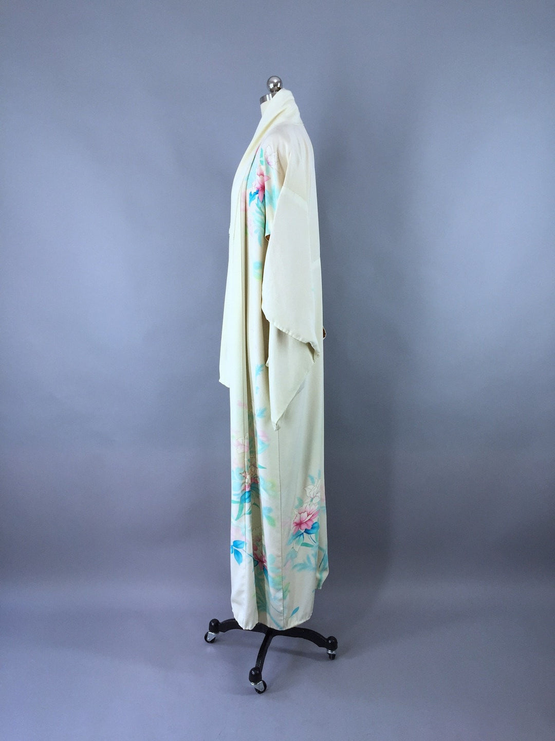 1950s Vintage Silk Kimono Robe / Aqua Floral - ThisBlueBird