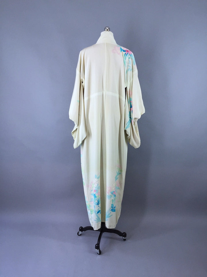 1950s Vintage Silk Kimono Robe / Aqua Floral - ThisBlueBird