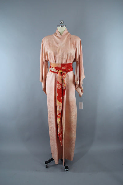 1950s Vintage Silk Kimono Robe / Art Deco Peach Seigaiha Print - ThisBlueBird