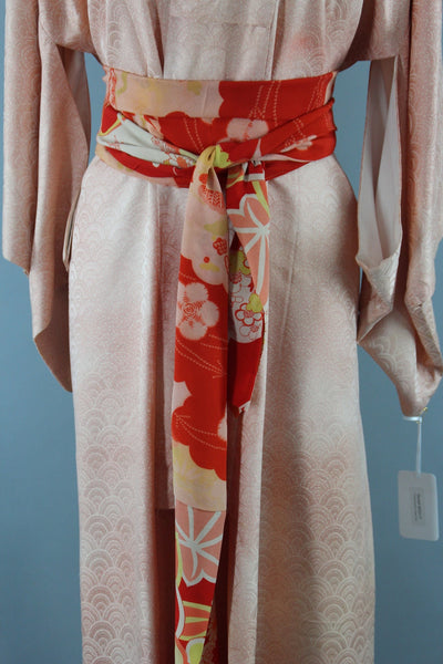 1950s Vintage Silk Kimono Robe / Art Deco Peach Seigaiha Print - ThisBlueBird
