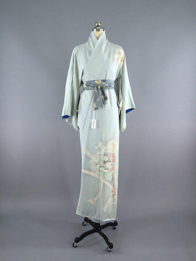 1950s Vintage Silk Kimono Robe / Blue Floral Print - ThisBlueBird