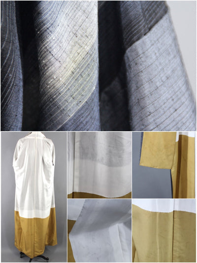 1950s Vintage Silk Kimono Robe Blue Grey Ikat Stripes - ThisBlueBird