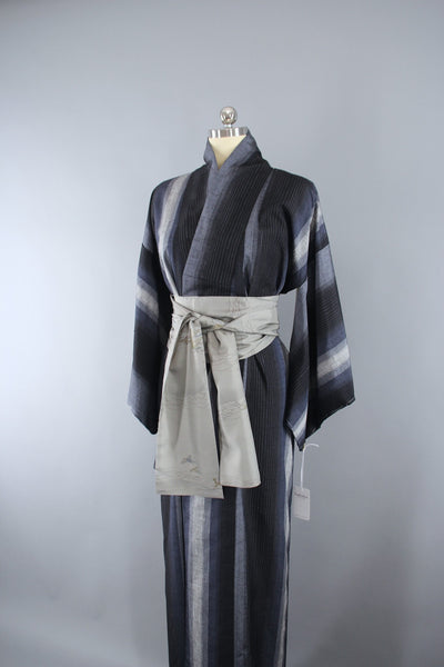 1950s Vintage Silk Kimono Robe Blue Grey Ikat Stripes - ThisBlueBird