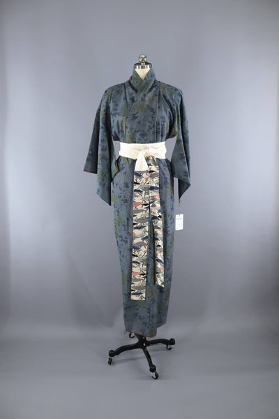 1950s Vintage Silk Kimono Robe / Blue Grey Leaves - ThisBlueBird