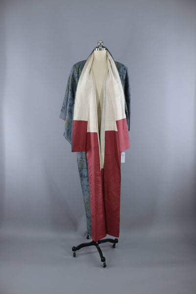 1950s Vintage Silk Kimono Robe / Blue Grey Leaves - ThisBlueBird