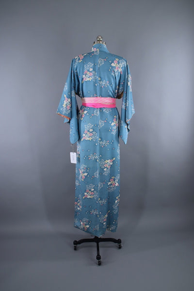 1950s Vintage Silk Kimono Robe / Blue & Pink Floral Print - ThisBlueBird