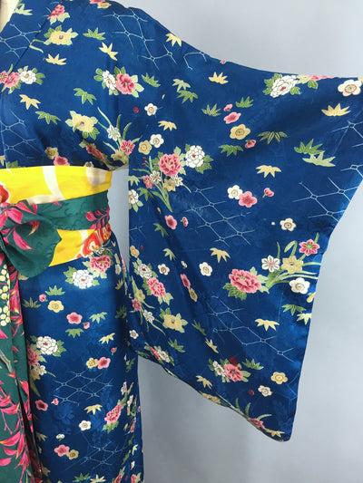 1950s Vintage Silk Kimono Robe / Blue Satin Floral Print - ThisBlueBird